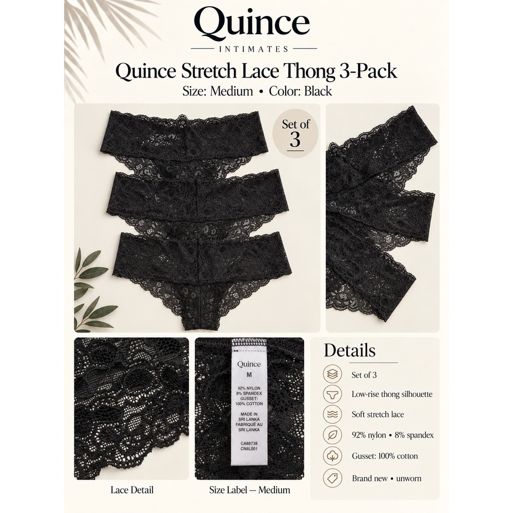 Quince Stretch Lace Thong 3-Pack Size Medium Black Low Rise Lingerie New